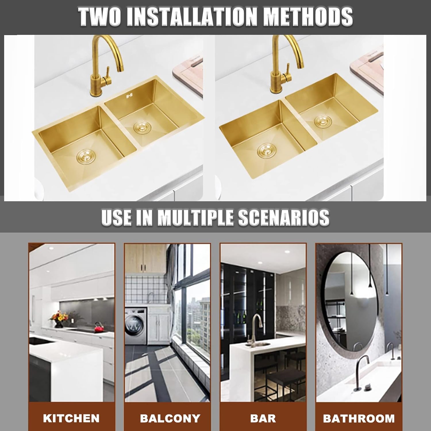 304 Stainless Steel Kitchen Sink Gold Double Bowl Bar Sinks with Faucet and Sink Accessories Drop-in Or Undermount (Color : B-Have Faucet, Size : 80x45x22cm) (Chave Faucet 80x45x22cm)