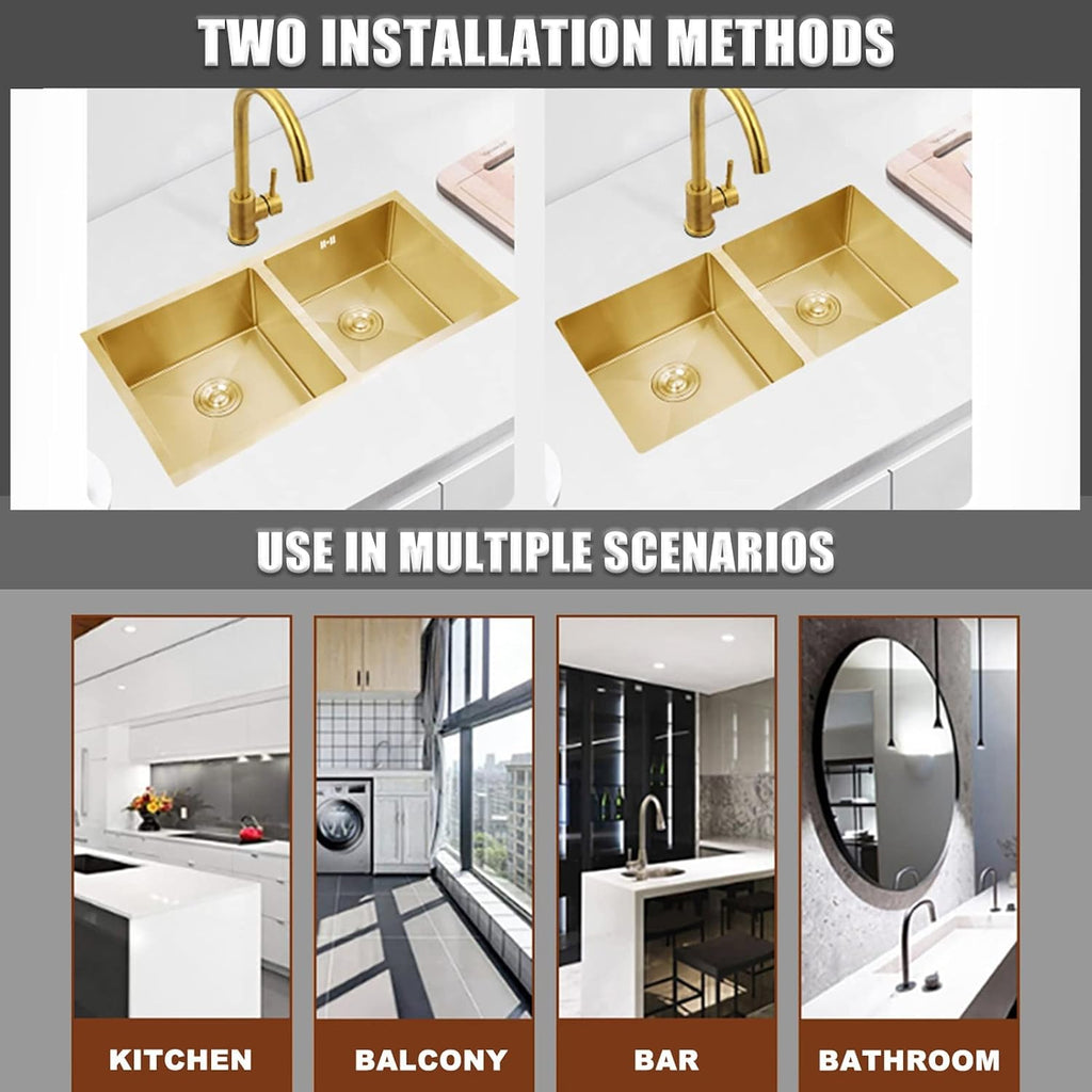 304 Stainless Steel Kitchen Sink Gold Double Bowl Bar Sinks with Faucet and Sink Accessories Drop-in Or Undermount (Color : B-Have Faucet, Size : 80x45x22cm) (Chave Faucet 75x40x22cm)