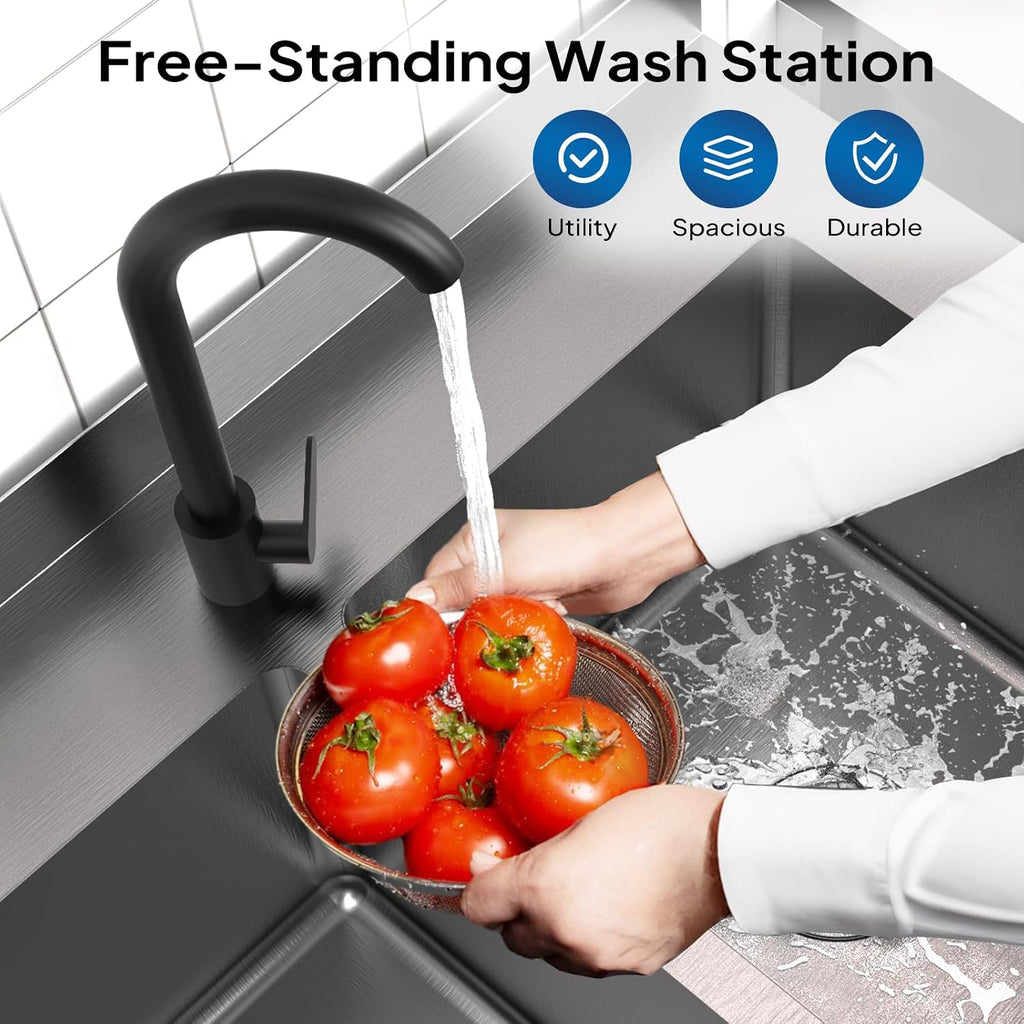ROVSUN Black Electroplated Stainless Steel Double Bowl Utility Sink, 24'D x 47.5'W x 38.9'H, Heavy-Duty Freestanding Prep & Cleaning Sink with Faucet for Restaurant, Kitchen, Laundry, and Garage Use