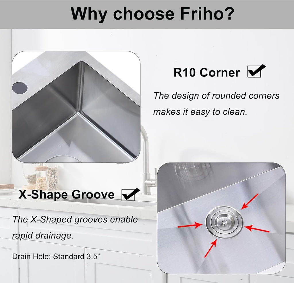 Friho 28 Inch Drop in Kitchen Sink, 28x18 Topmount Commercial Handmade 16 Gauge Single Bowl Stainless Steel Sink with Basket Strainer