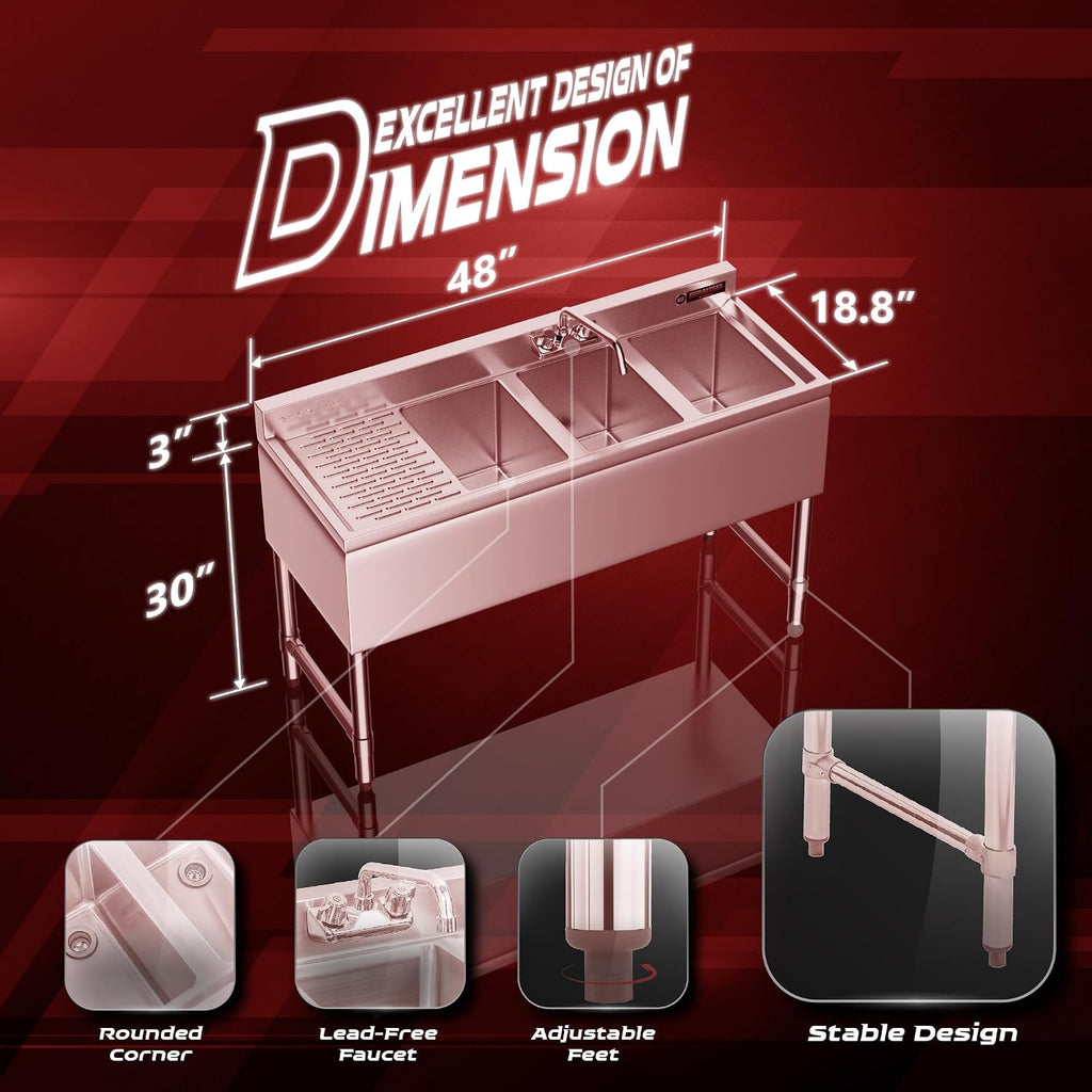 DuraSteel 3 Compartment Under Bar Sink - CEC & NSF 304 Stainless Steel 3 Bay Utility Sink with No Lead Faucet - 48' L x 19' W x 33' H - Left Drainboard Commercial Restaurant Grade