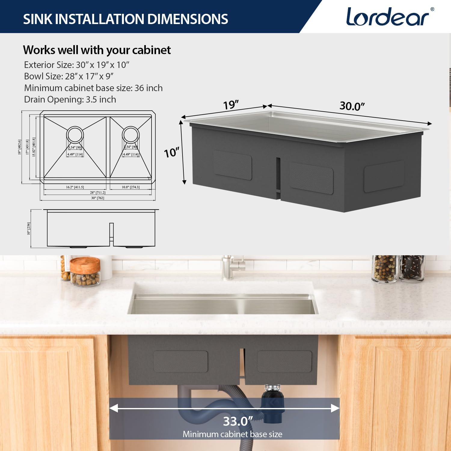 Lordear 30 Inch Kitchen Sink Double Bowl Workstation Kitchen Sinks Low Divide Double Bowl 60/40 16 Gauge Stainless Steel Under Counter Sink Basin 30x19x10 Inch