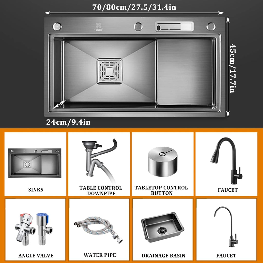 304 Stainless Steel Single Bowl Kitchen Sink Multifunctional Ladder Type Bar Sink RV Sink with Pull-Out Faucet Top Mount Or Undermount (Color : Black, Size : 70x45x24cm)