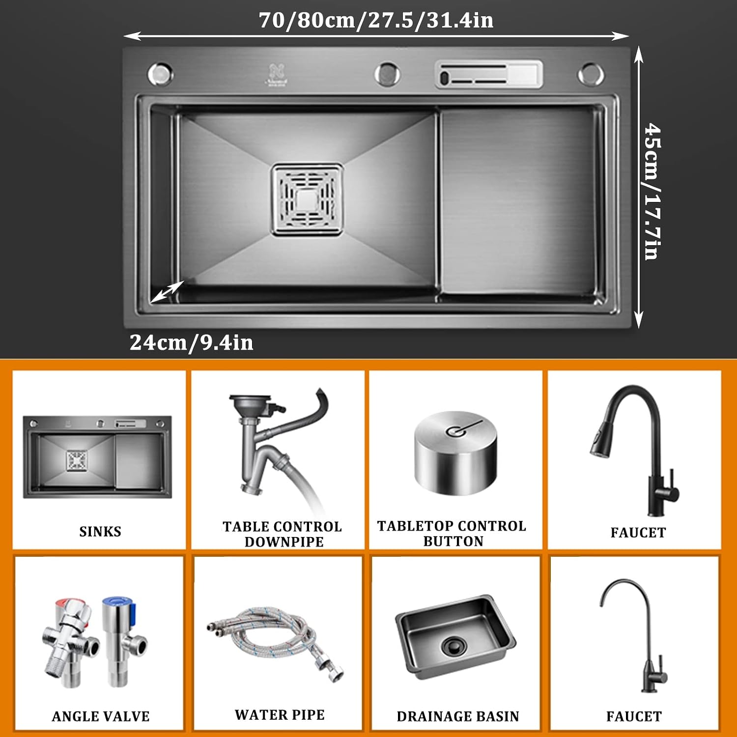 304 Stainless Steel Single Bowl Kitchen Sink Multifunctional Ladder Type Bar Sink RV Sink with Pull-Out Faucet Top Mount Or Undermount (Color : Black, Size : 70x45x24cm)