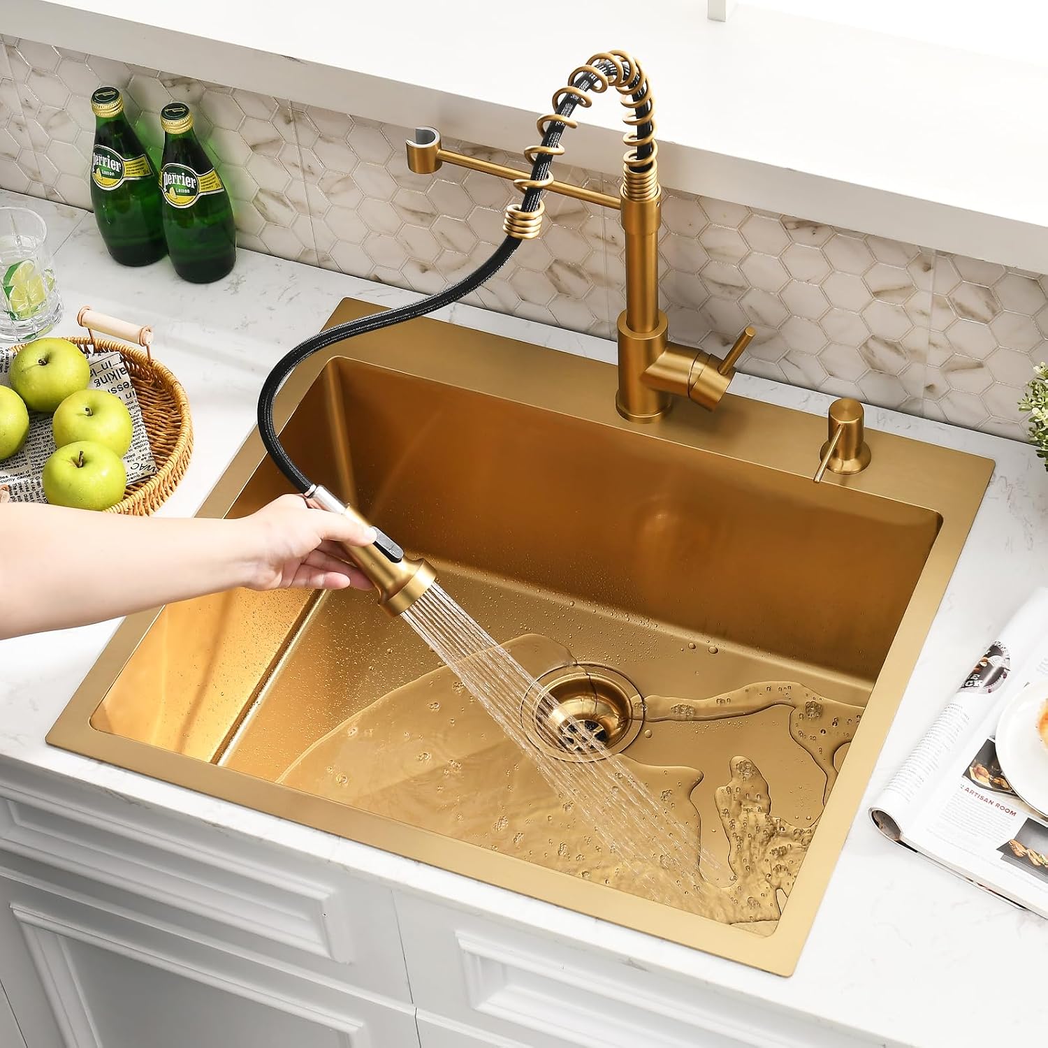 25 Inch Gold Drop In Kitchen Sink with Faucet Combo - 25x22 Modern Gold Stainless Kitchen Sink Drop In, Single Bowl Top Mount Sink with Soap Dispenser & Accessories