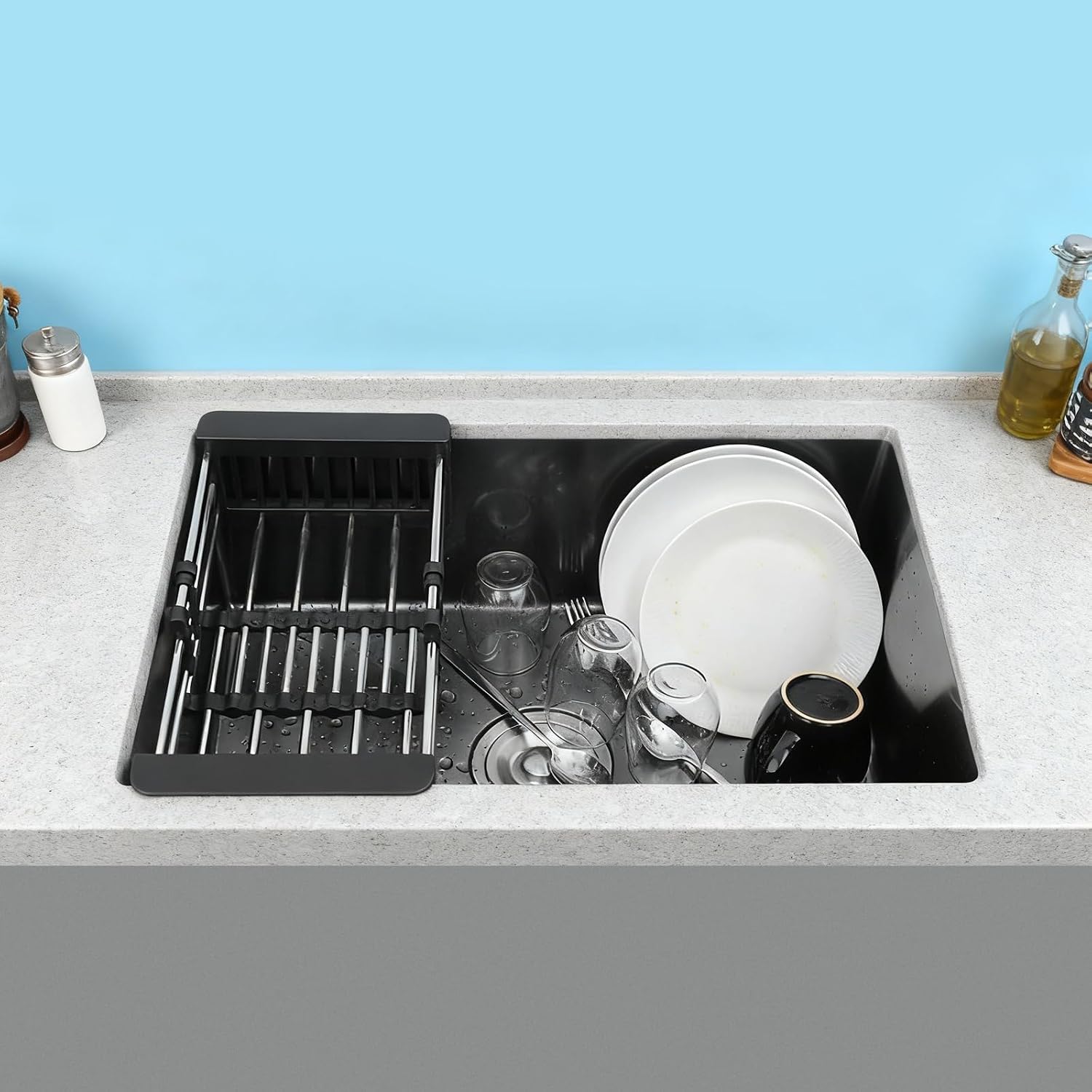 Single Bowl Kitchen Sink Built-in Stainless Steel Sink Thickened One-Piece Stretch Sink with Drain Basket Large-Diameter Drain Ideal for Bathroom or Kitchen 78 * 43cm