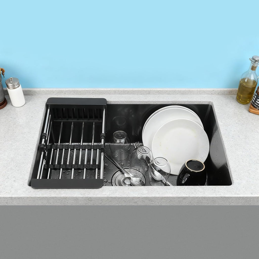 Single Bowl Kitchen Sink Built-in Stainless Steel Sink Thickened One-Piece Stretch Sink with Drain Basket Large-Diameter Drain Ideal for Bathroom or Kitchen 60 * 45cm