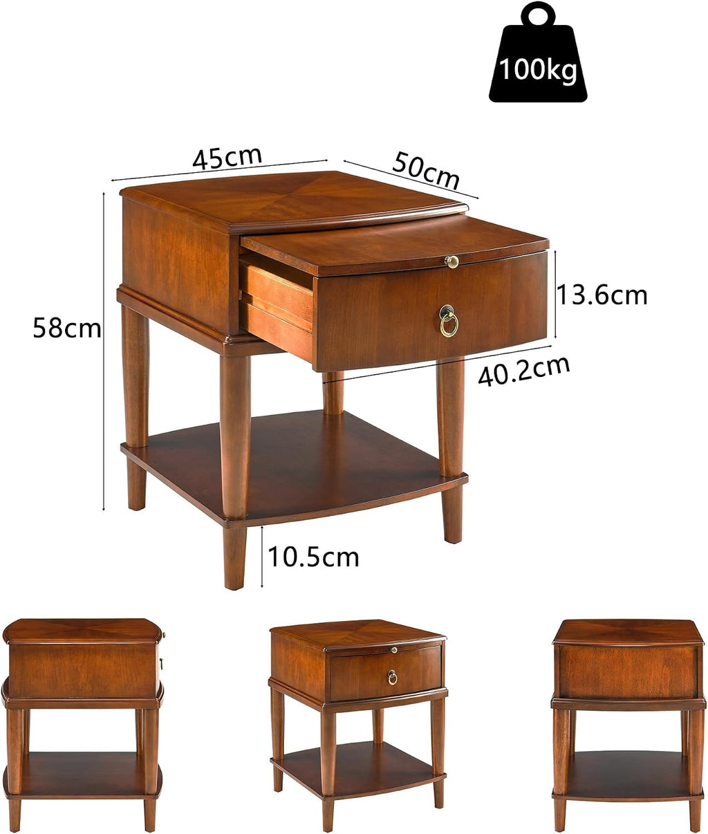 Farmhouse End Side Table with Pull-Out Tray And Storage Drawer, Sofa Beside Tables with Wood Leg, Nightstand, No-Tools Assembly 17.7'L x 19.7'W x 22.8'H for Living Room, Caramel Brown CJZ-A1569-MG