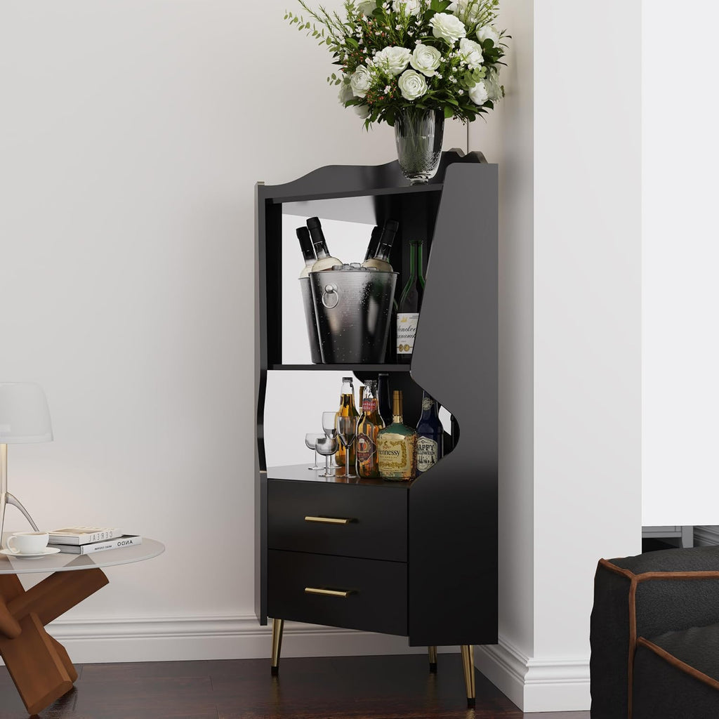 GDFStudio Wooden Corner Shelf Cabinet, Mirrored Back Coffee Bar Cabinets with Drawers & Open Storage, High Feet Corner Wine Rack Liquor Stand Kitchen Storage Cabinet for Living Room Dining Room, Black