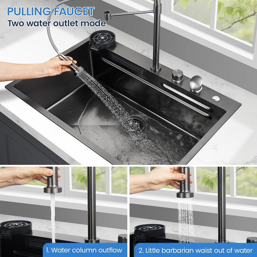 33x22 Inch Kitchen Sink with Waterfall Faucet Combo, Nano PVD Black 16 Gauge Stainless Steel Workstation, Scratch Resistant Single Bowl Drop-In Sink, Multifunctional Handmade Design