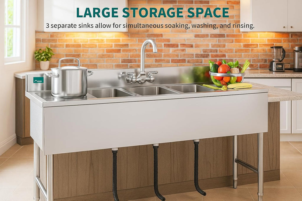 YITAHOME 60inch 3 Compartment Commercial Bar Sink with Drainboards, NSF Heavy-Duty Stainless Steel Freestanding Prep Utility Sink for Restaurant Kitchen