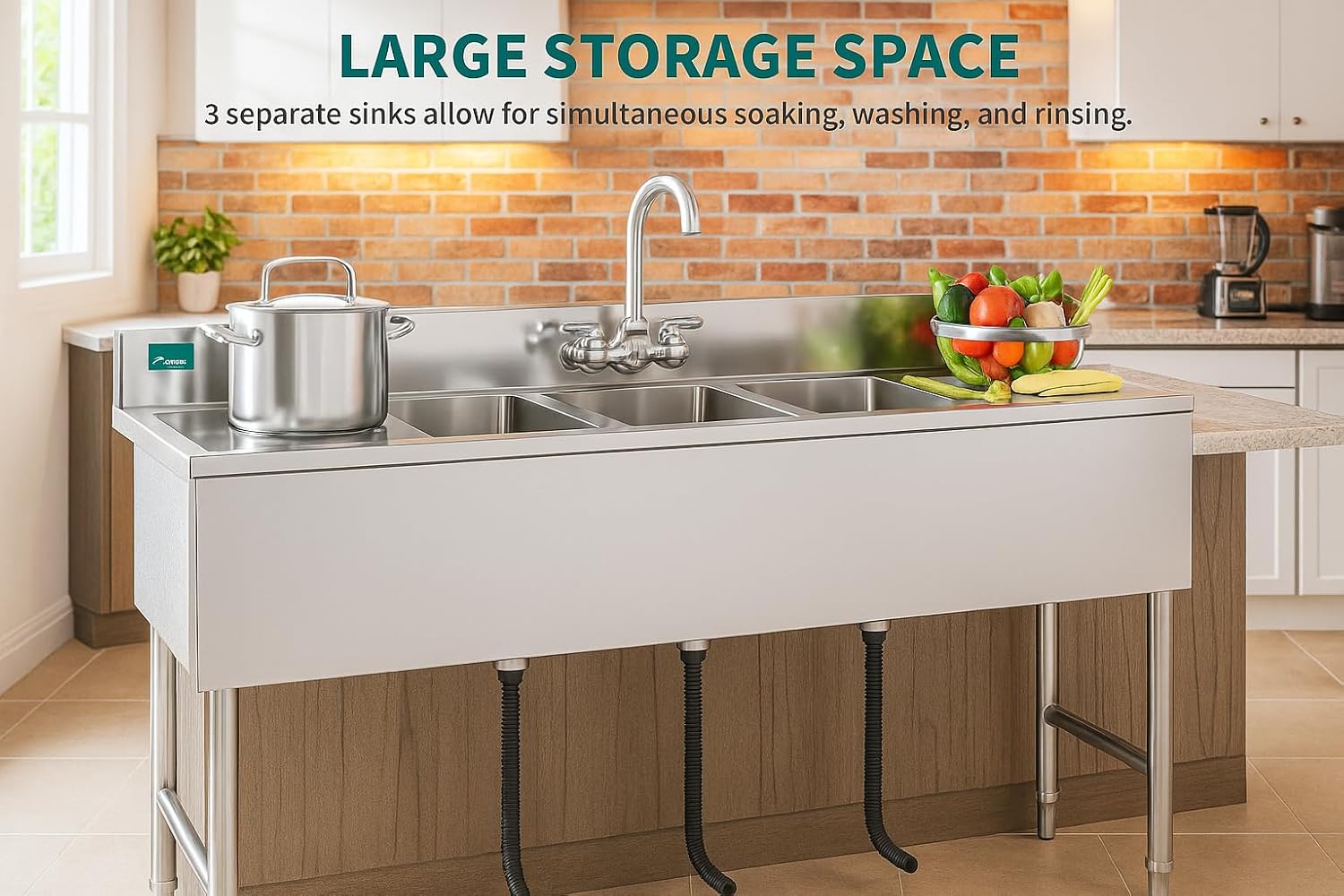 YITAHOME 60inch 3 Compartment Commercial Bar Sink with Drainboards, NSF Heavy-Duty Stainless Steel Freestanding Prep Utility Sink for Restaurant Kitchen