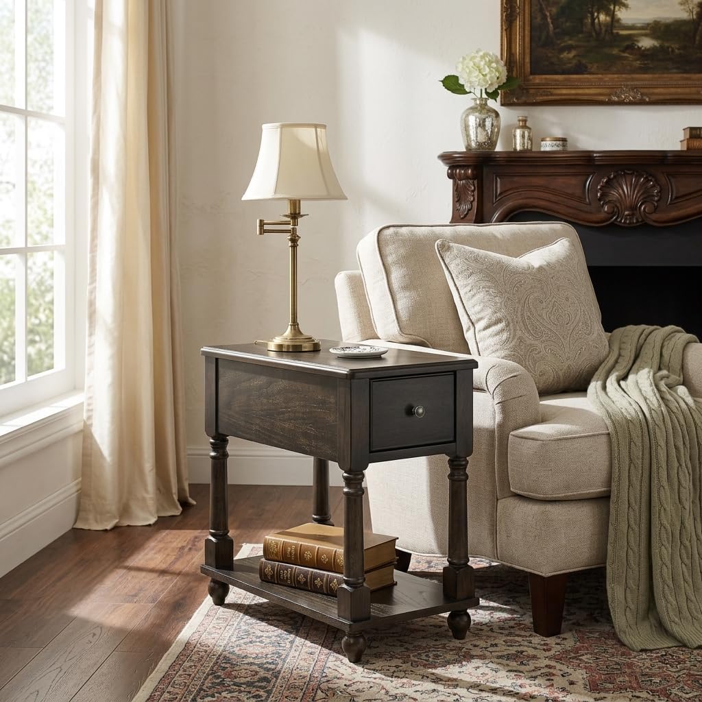 Narrow End Table with Drawer and Open Storage Shelf, Solid Wood Sofa Side Table for Living Room, Beside Table,Telephone Table for Small Spaces, No-Tools Assembly Vintage Black BBJ004BK
