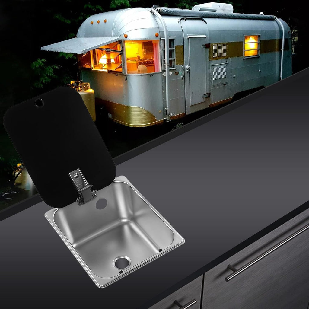RV Kitchen Sink, Stainless Steel Single Bowl Hand Wash Basin with Tempered Glass Cover, Square Undermount Single Bowl Kitchen Sink for Camper Van Yacht
