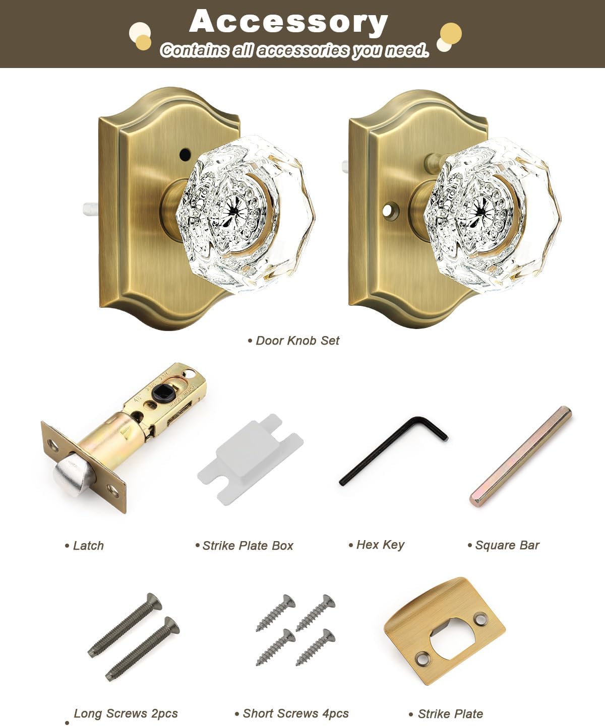 Gobrico Privacy Door Locks Crystal Knobs with Arched Antique Brass Finish,Interior Doorknobs with Lock for Bathroom Bedroom,Heavy Duty Door Handles,6 Pack