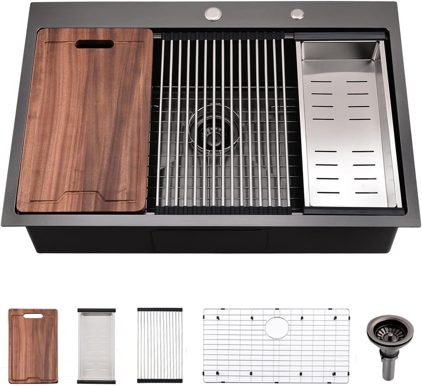 28 Inch Black Drop In Kitchen Sink - VOKIM 28x22-Inch Drop In sink Workstation 16 Gauge Stainless Steel 10'' Deep Single Bowl Handmade Kitchen Sink with Cutting Board & Strainer