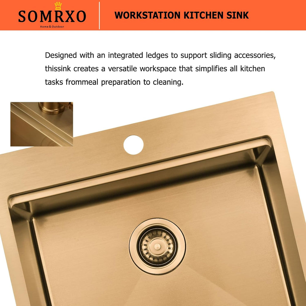 21x20 Inch Drop In Bar Sink - 16 Gauge Gold Stainless Steel Small Kitchen Sink, 10' Deep Single Bowl Workstation Sinks with Accessories for RV, Outdoor Kitchen & Wet Bar