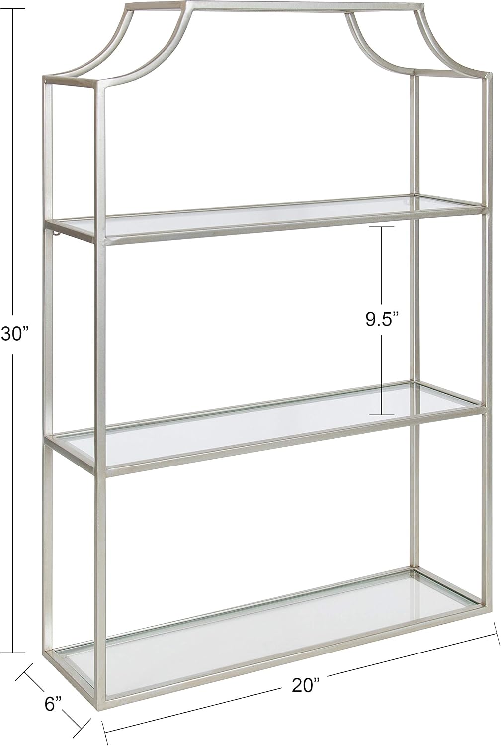 Kate and Laurel Ciel Glam 3-Tier Scalloped Wall Shelf, 20 x 30, Silver, Modern Shelving with Glass Tiers