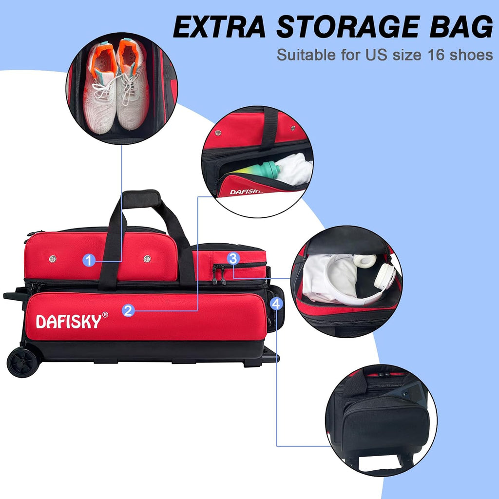 DAFISKY 3 Ball Bowling Bags with Wheels, Roller Bowling Bag with Multiple Pockets Retractable Handle Extends to 38''