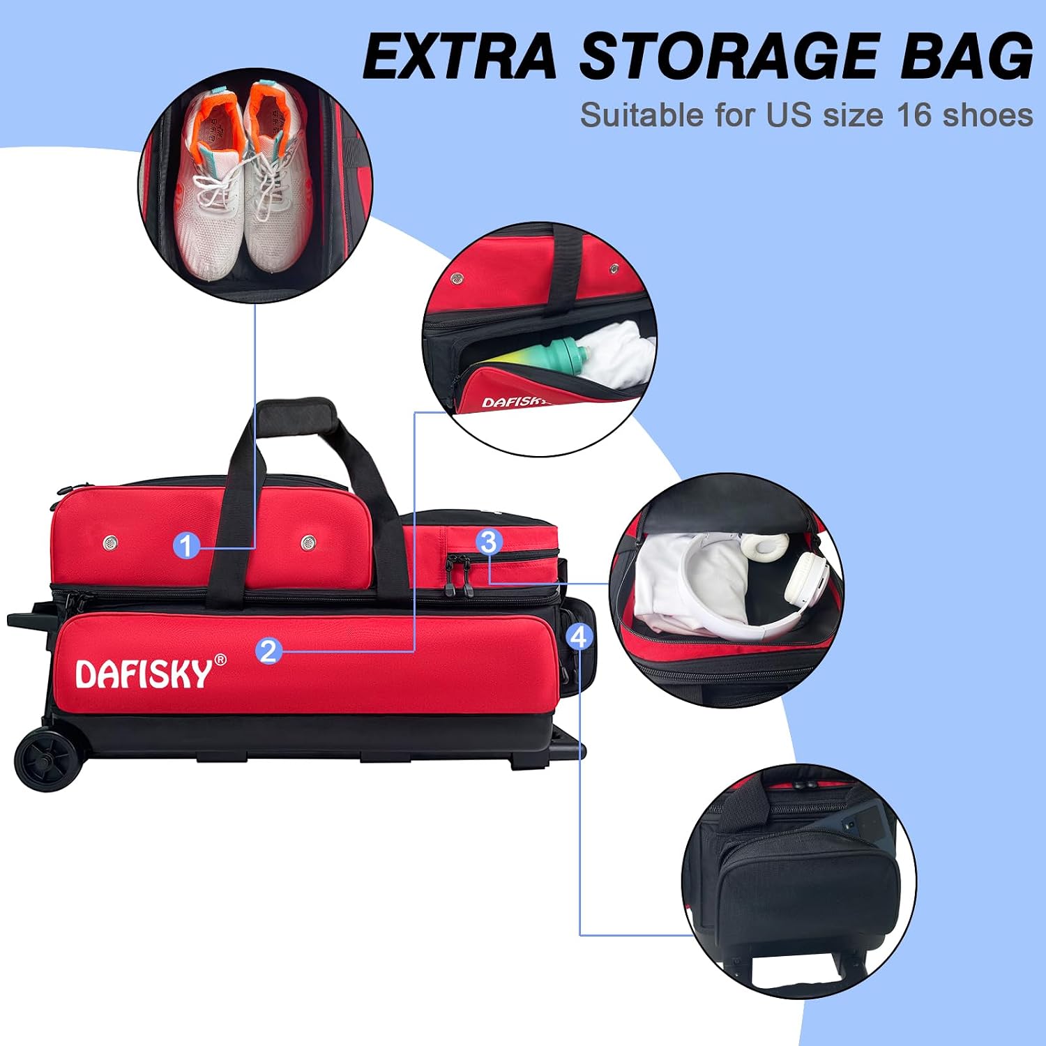 DAFISKY 3 Ball Bowling Bags with Wheels, Roller Bowling Bag with Multiple Pockets Retractable Handle Extends to 38''