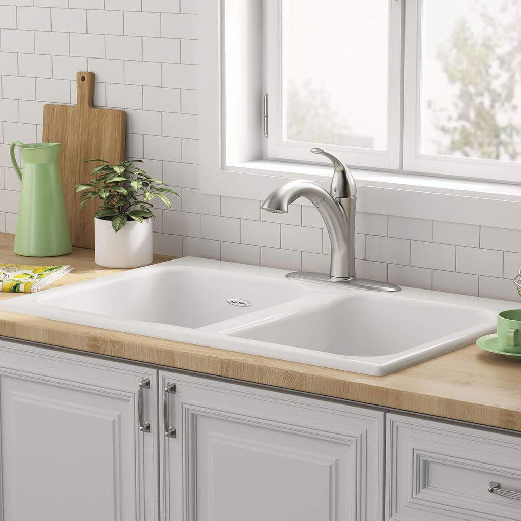 American Standard 77DB33223.308 Quince 33x22 Top Mount Double Bowl Cast Iron Kitchen Sink - 3 Holes Brilliant White