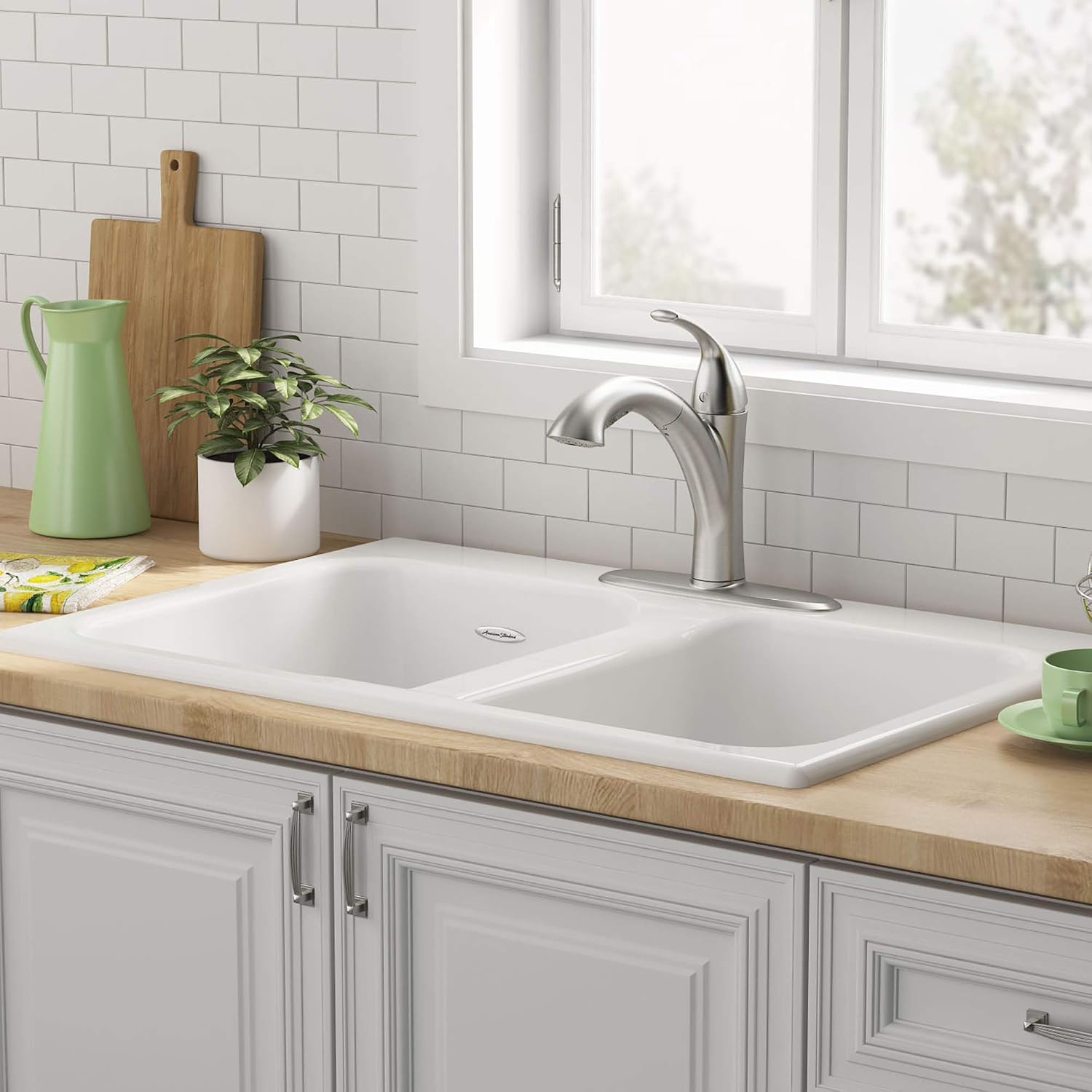 American Standard 77DB33223.308 Quince 33x22 Top Mount Double Bowl Cast Iron Kitchen Sink - 3 Holes Brilliant White