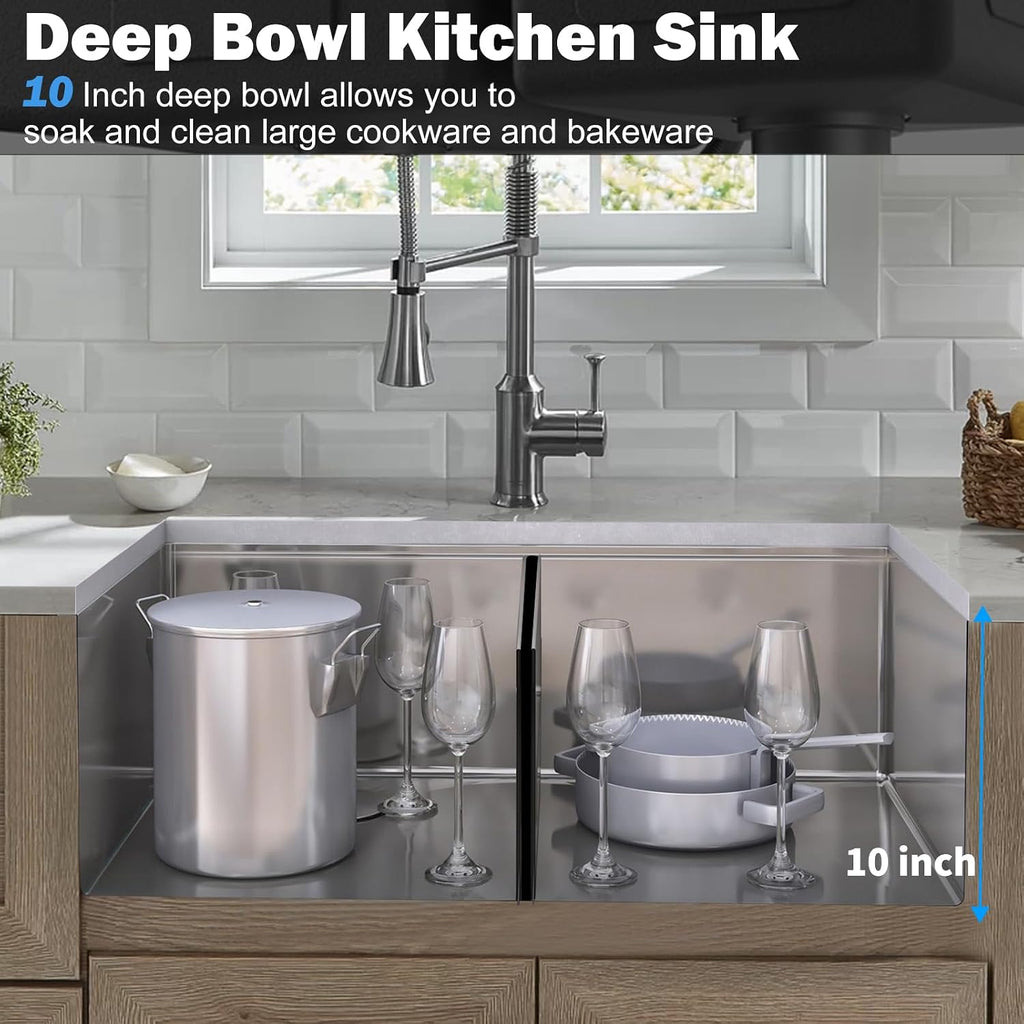 SANYCASA 33 Inch Double Bowl Kitchen Sinks with Quick Drain Slope - 11 Gauge (3mm) 304 Stainless Steel Undermount Kitchen Sink with Accessories