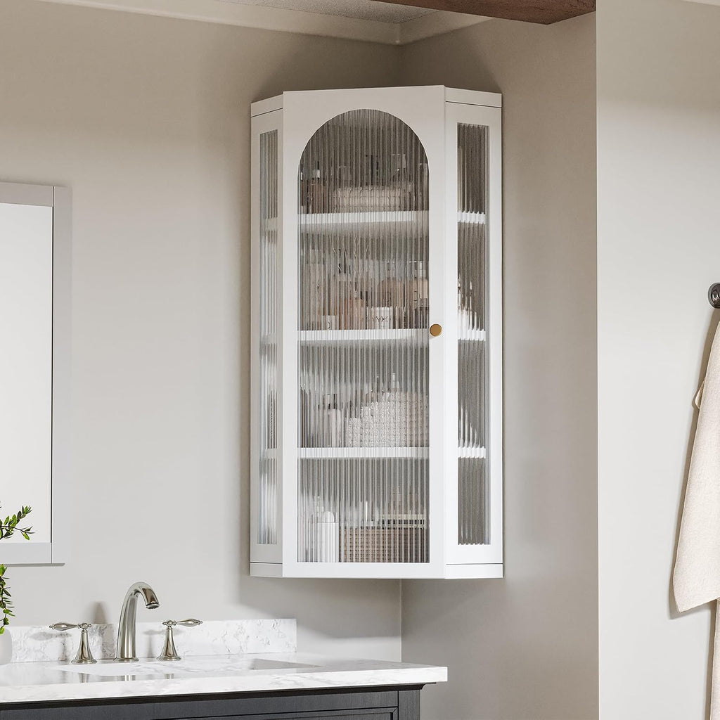 Bathroom Corner Wall Cabinet, Metal Medicine Cabinet with Glass Doors and Shelves, Hanging Corner Storage Cabinet for Bathroom, Kitchen, Laundry Room (White)