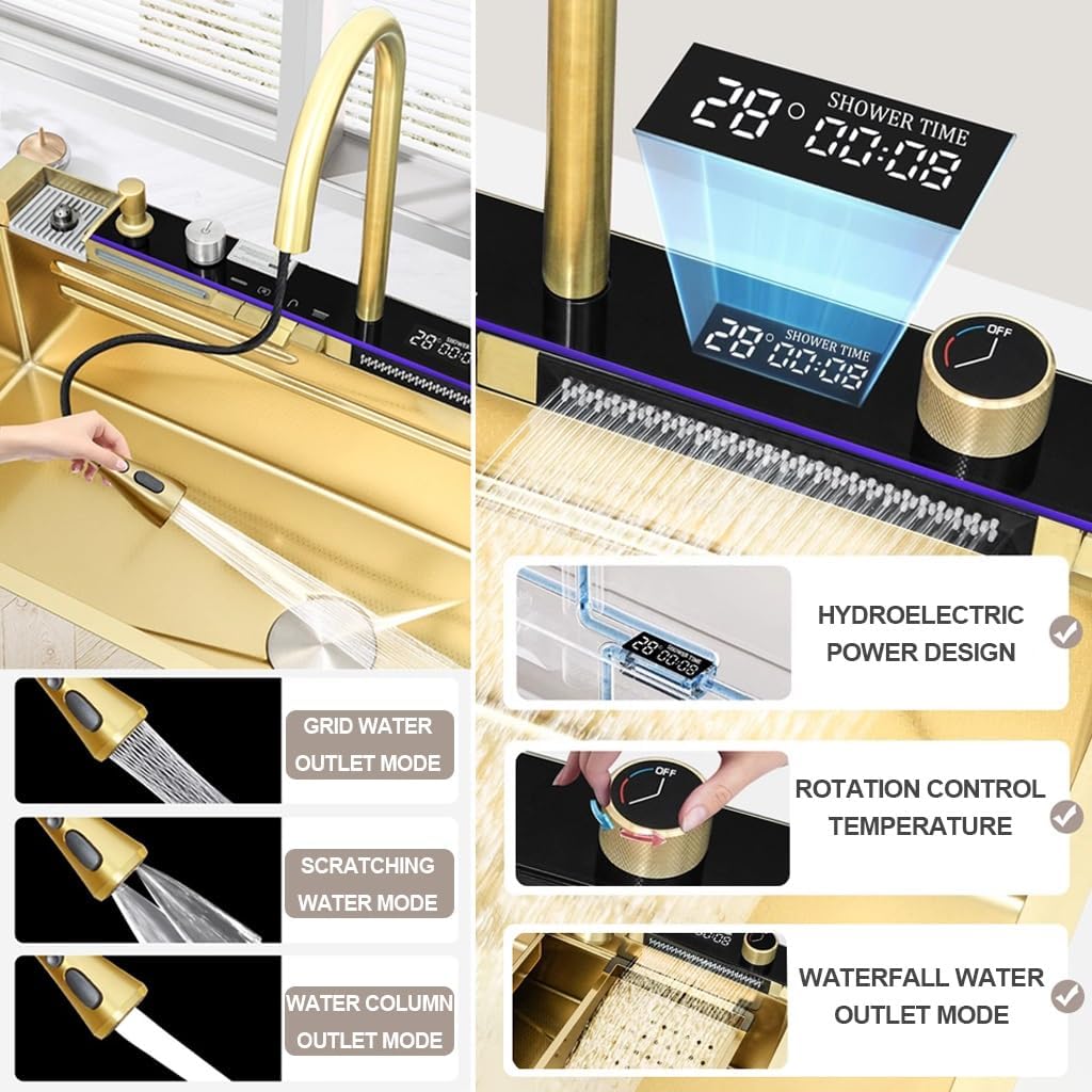 Stainless Steel Kitchen Sink Golden Single Bowl Waterfall Sink Multi-Functional Bar Sink with Integrated Faucet, Drain Basket, Drain Basin, Cup Washer (Color : Gold, Size : 75x45x21cm) (Gold 68x45