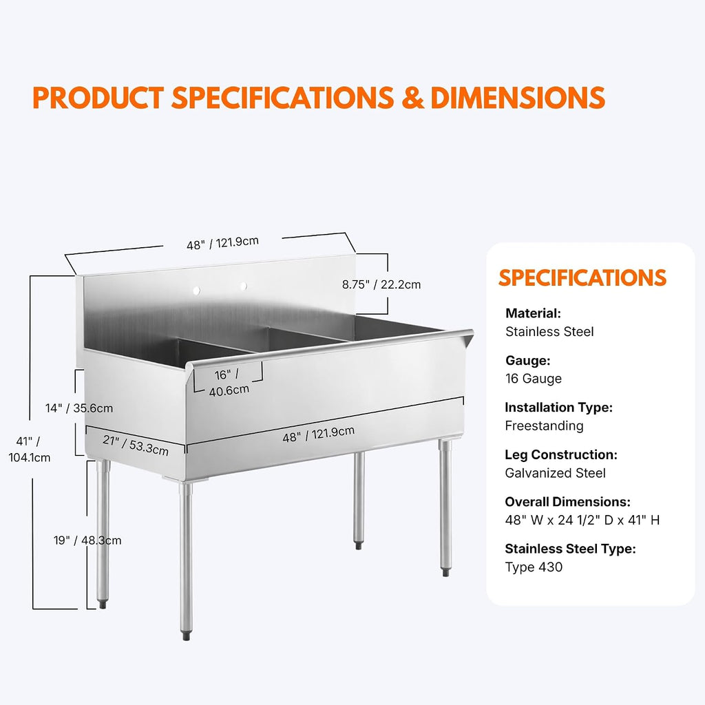 Commercial Stainless Steel Utility Sink with Backsplash, Triple 16' x 21' x 14' Deep Bowls, 16-Gauge Construction - for Janitorial Area, Commercial Kitchen, Garage, Laundry Room