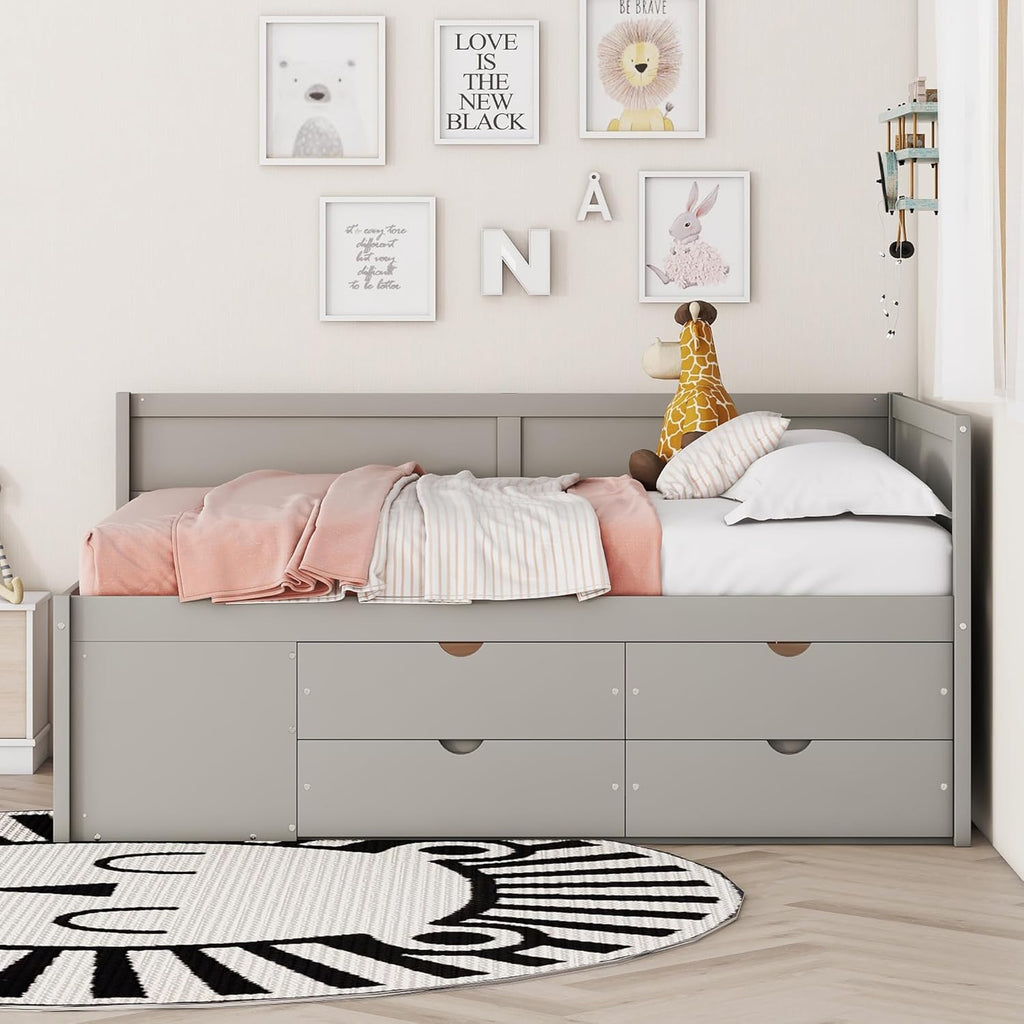 Harper & Bright Designs Full Size Corner Bed Frame with 4 Storage Drawers & Bookshelves,Wood Daybed with L Shape Headboard for Bedroom Living Room Nook,Gray