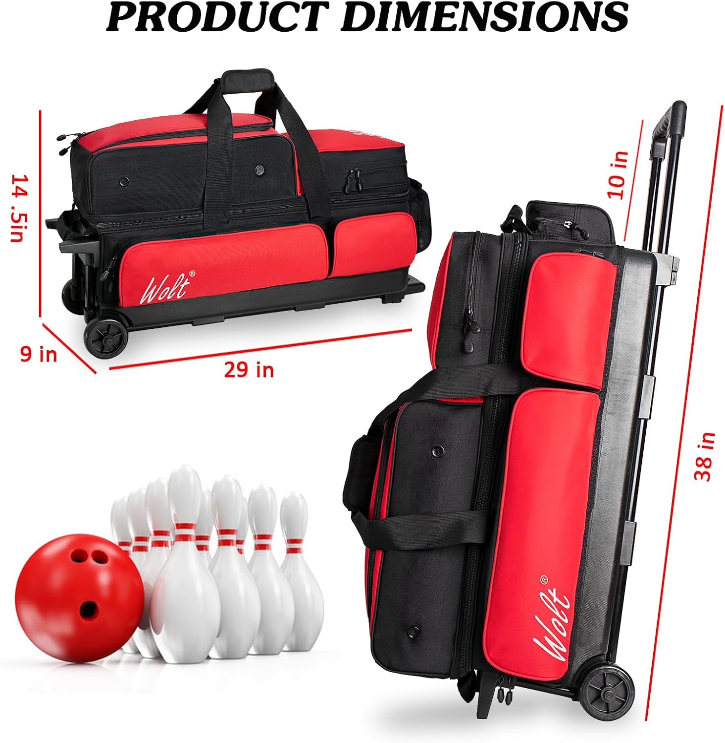 WOLT 3 Ball Bowling Bags with Wheels,Bowling Ball Bag 3 Ball Roller with Separate Shoe Compartment and Accessory Pocket, Retractable Handle Extends to 38''
