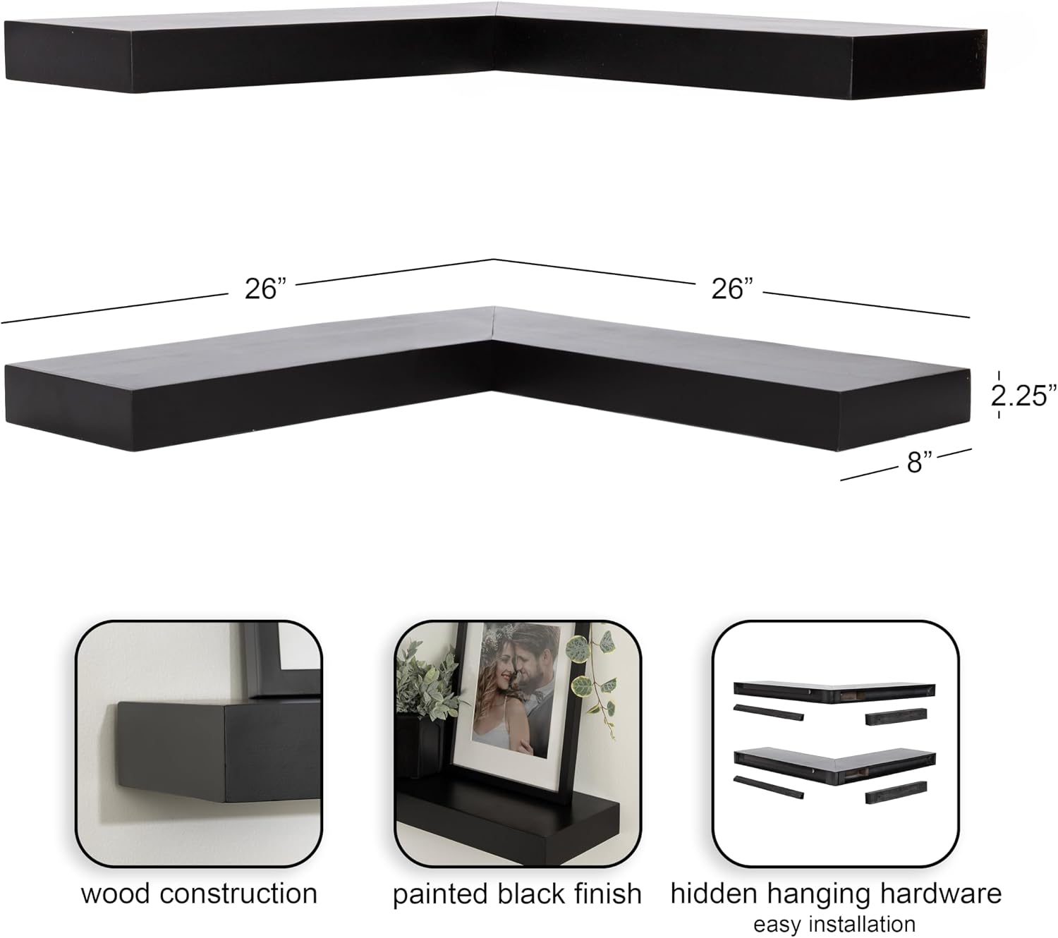 Kate and Laurel Havlock Modern Wood Two-Piece Floating Corner Shelf Set, 26 x 8 x 3, Black, Wooden Corner Shelving with Unique Geometric Shape for Living Room Decor or Entryway Storage