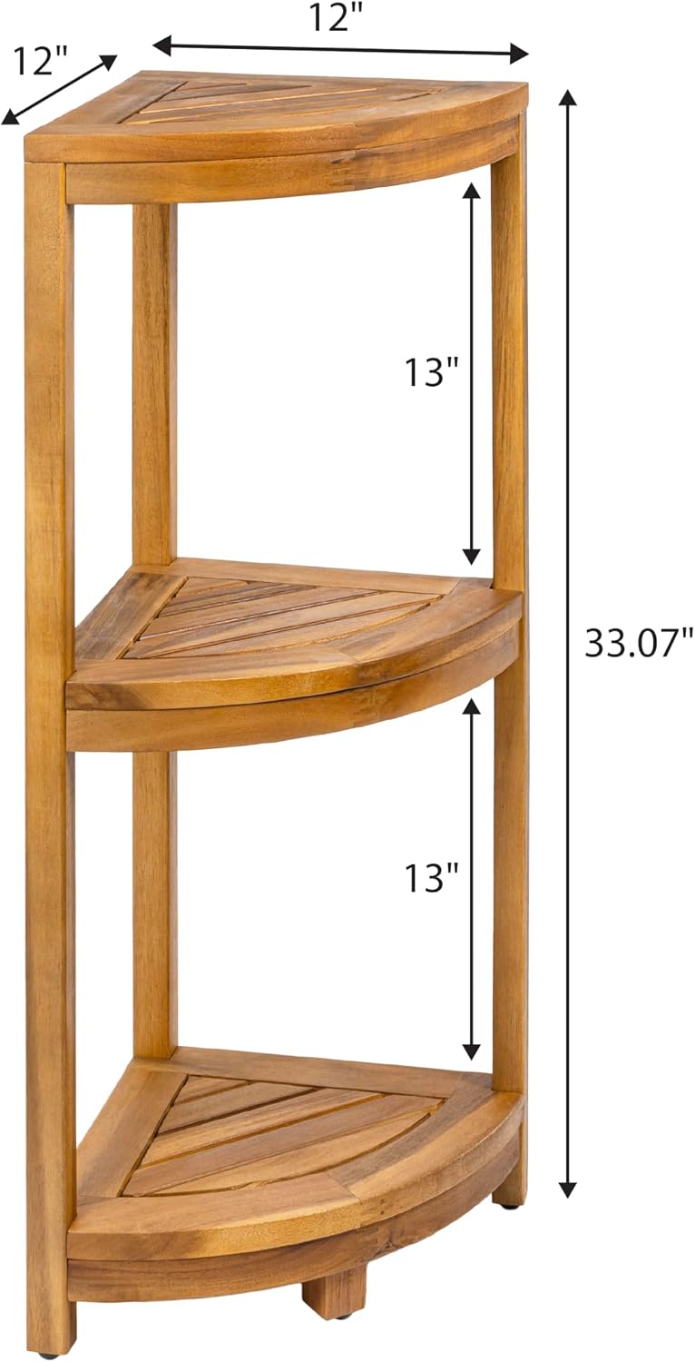 happimess SHF1000A Sela 33' Classic Minimalist 3-Tier Acacia Wood Freestanding Bathroom Corner Shelf, Shower Organizer, Storage Rack for Bath, Office, Kitchen Desktop, Natural