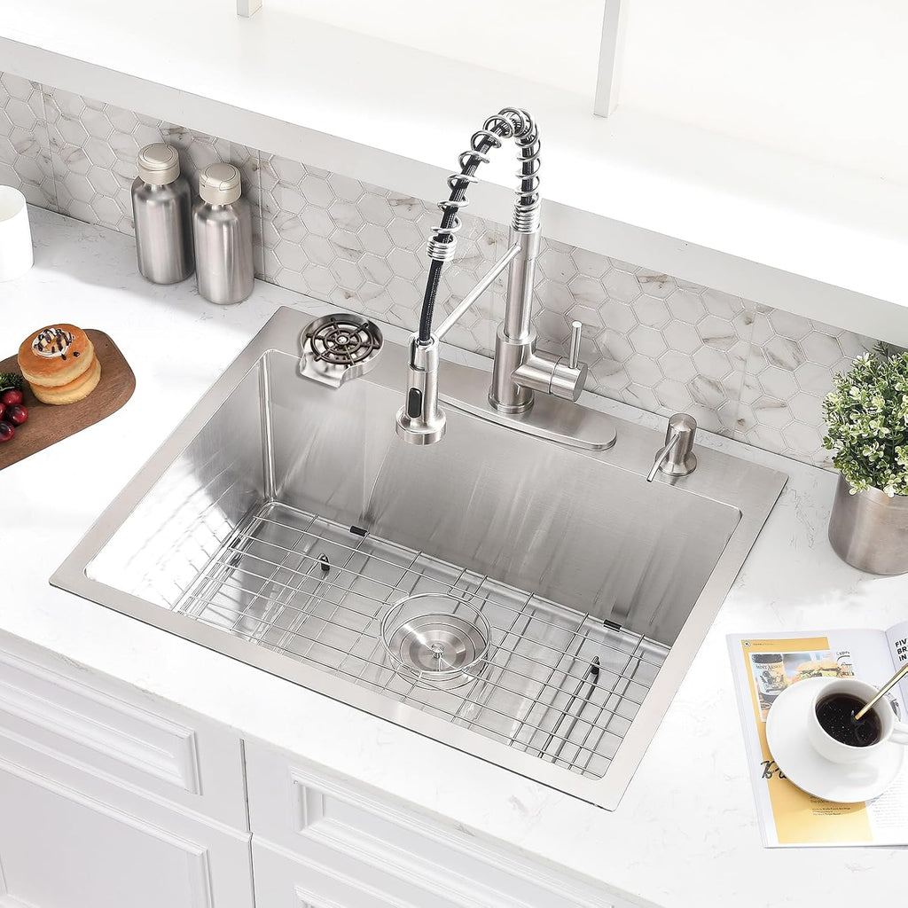 25 Inch Drop In Kitchen Sink with Faucet Combo - Stainless Steel Drop In Sink with Cup Washer, 9 Inch Deep Single Bowl Kitchen Sinks and Faucets Combo Set,Top Mount Design for Modern Kitchens