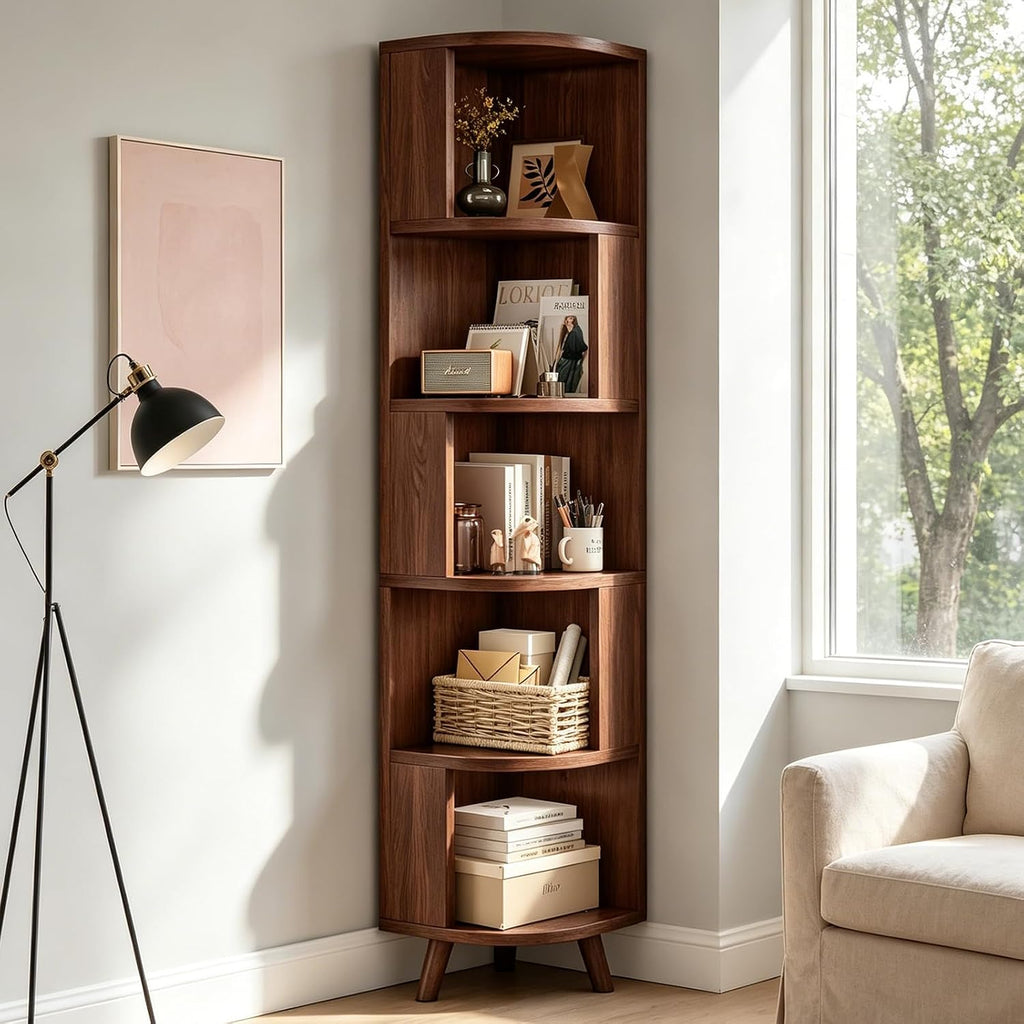 5-Tier Corner Shelf, Tall Modern Corner Bookshelf, 5 Shelf Corner Bookcase with Baffle, Freestanding Wood Corner Display Storage Shelf Organizer for Living Room, Office (Walnut)