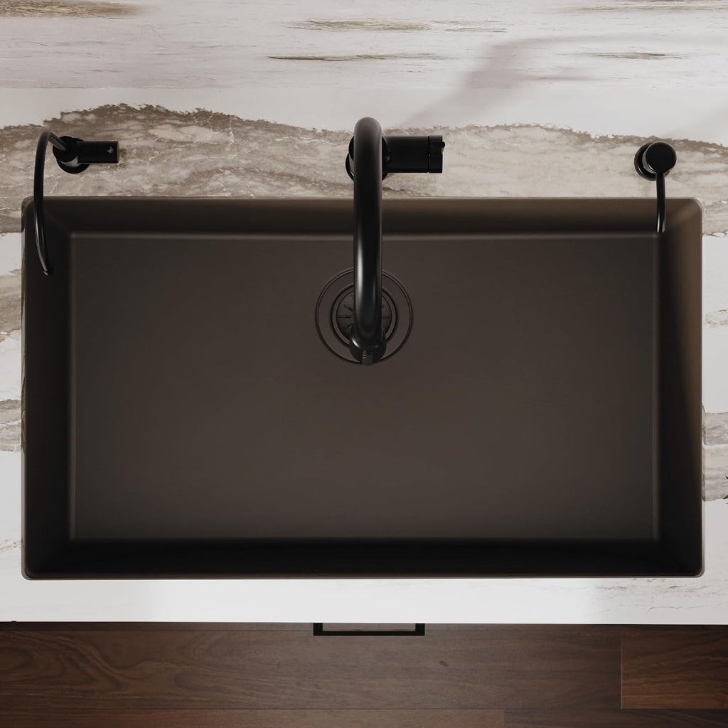 Karran Undermount 33' Large Single Bowl Granite Quartz Composite Kitchen Sink in Brown – Extra Deep 9' Basin, Heat & Scratch Resistant, Sound Dampening, Rear Drain – QU-812