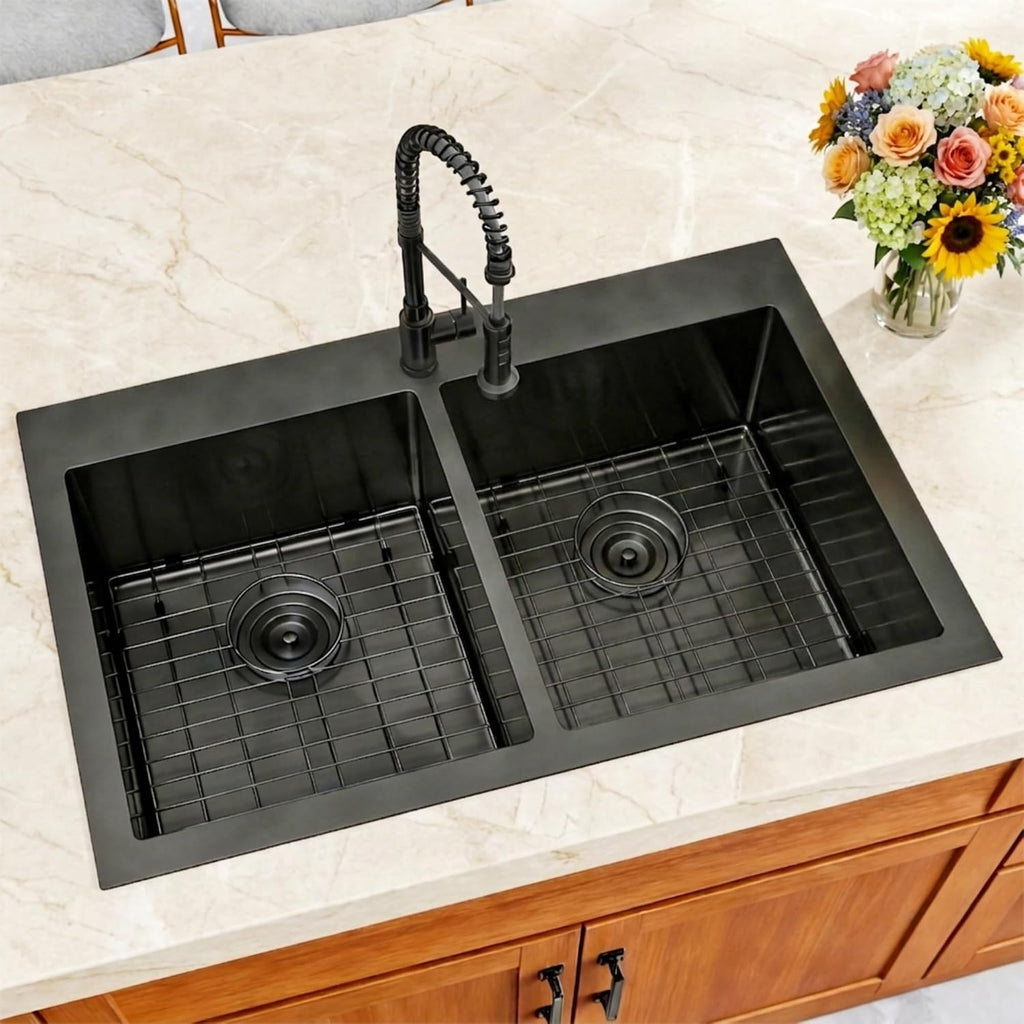 Black Kitchen Sink,33 X 22 inch Drop in Kitchen Sinks Double Bowl,16 Gauge Stainless Steel 50/50 Double Sink,Top Mount/Drop In Double Kitchen Sink 33 inch