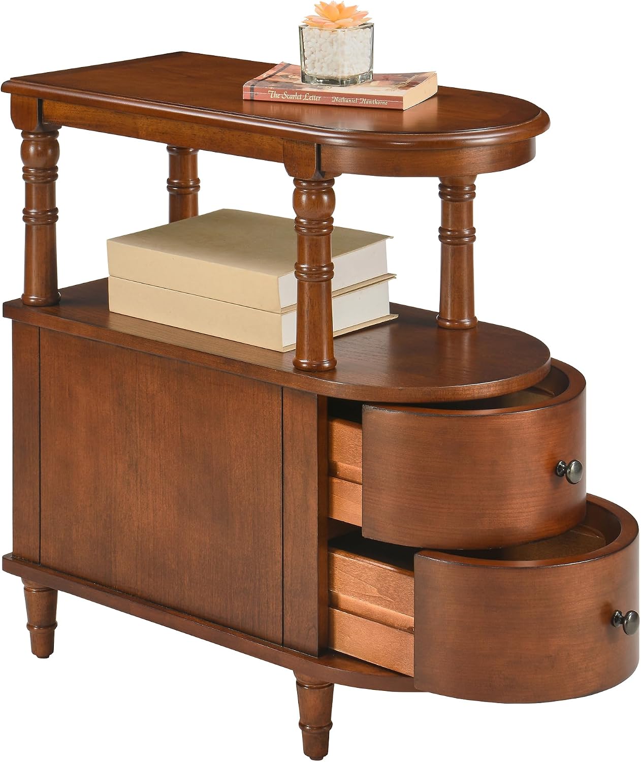 LEEMTORIG Narrow Side Table with Drawers, Vintage Slim Solid Cherry Wood Nightstand, Mid-Century Modern Bedside for Bedroom Sofa Chair Side Table for Living Room, Caramel Brown BG-A508-MG