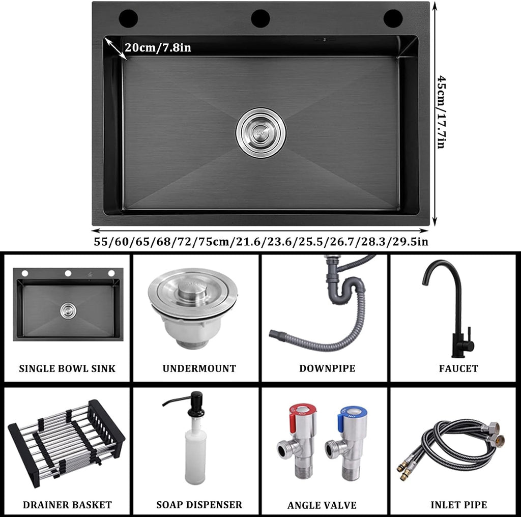 304 Stainless Steel Kitchen Sink Household Handmade Single Bowl Bar Sink Square Nano RV Sink with Faucet and Drainage Kit Top Mount Or Undermount (Color : Black-b, Size : 68x45x20cm) (Blacka 60x4