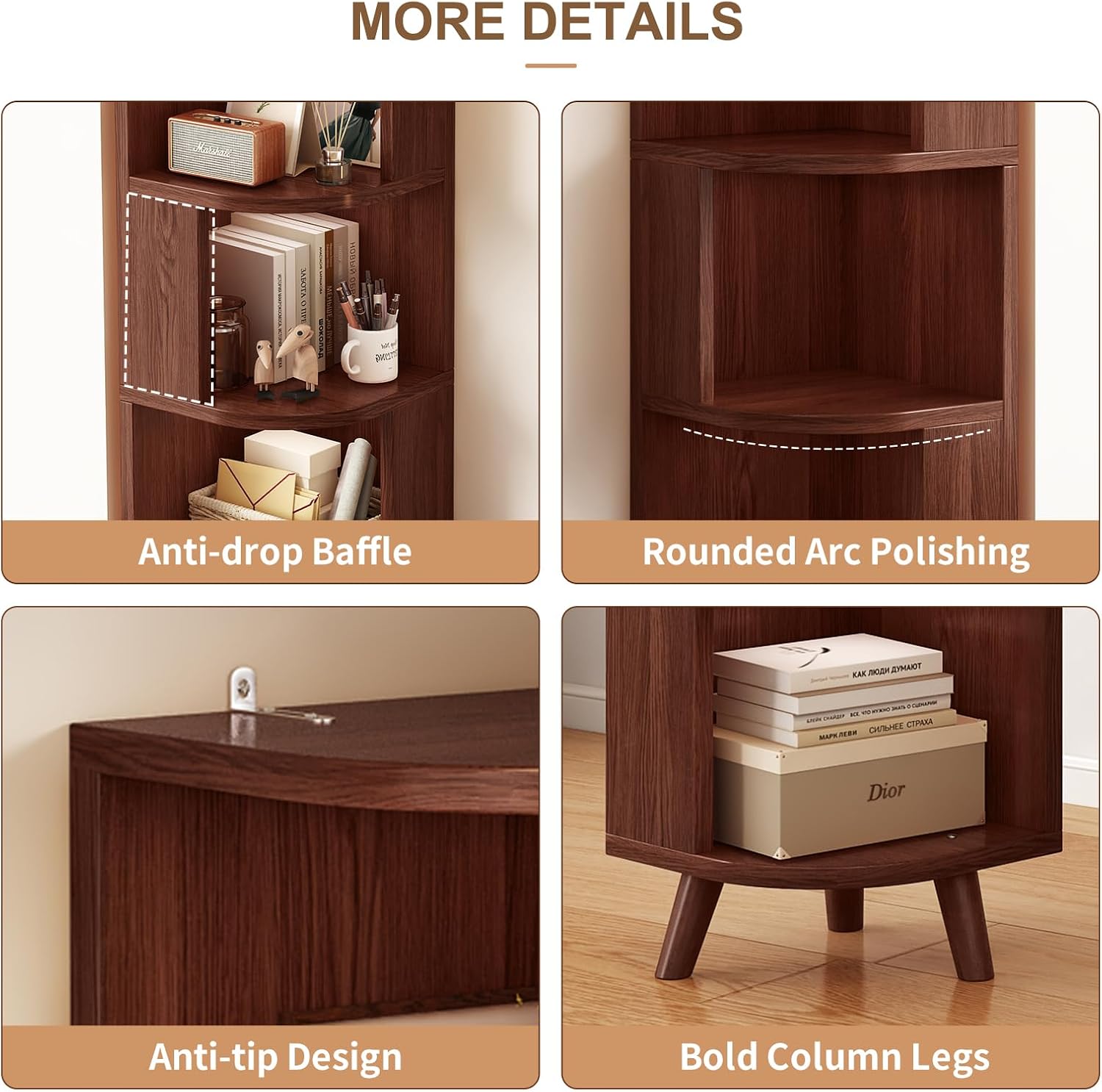 5-Tier Corner Shelf, Tall Modern Corner Bookshelf, 5 Shelf Corner Bookcase with Baffle, Freestanding Wood Corner Display Storage Shelf Organizer for Living Room, Office (Walnut)