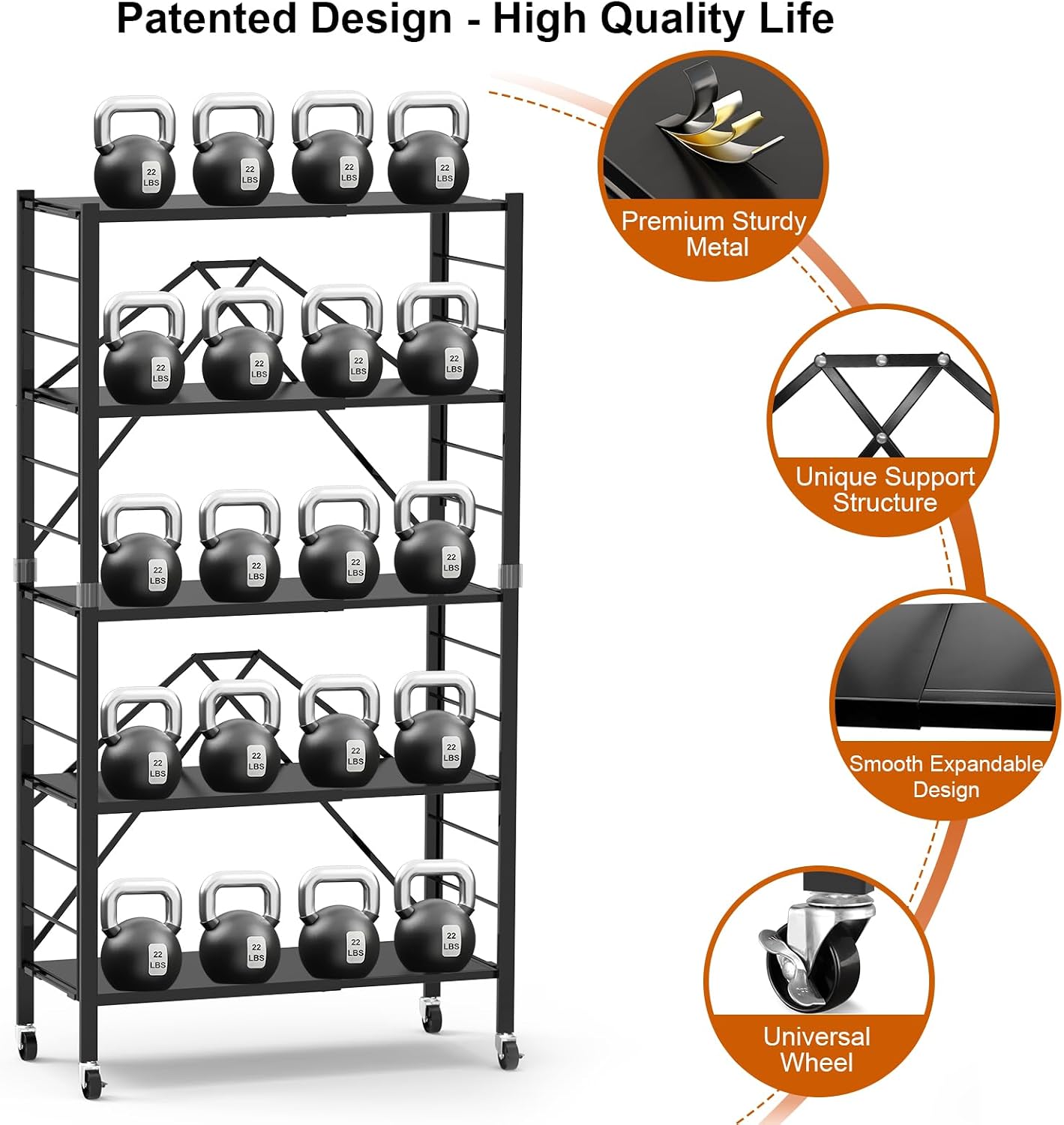 5 Tier Foldable Storage Shelves, Expandable Folding Shelving Units with Wheels, Changeable into 2 Shelf Units, Collapsible Adjustable Storage Rack Metal Shelves for Storage, Pantry, Garage, Kitchen
