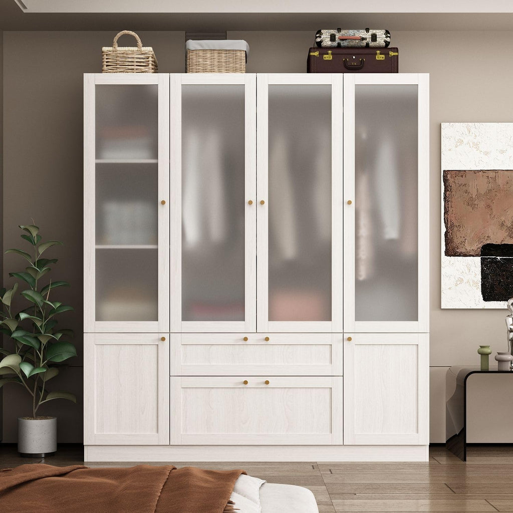 MOUMON Bedroom Armoires with Frosted Glass Doors and Hanging Rod, Wide Modern Wardrobe with Drawers, Large Armoire Wardrobe Closet, Wood Grain 63' W x 19.7' D x 70.9' H