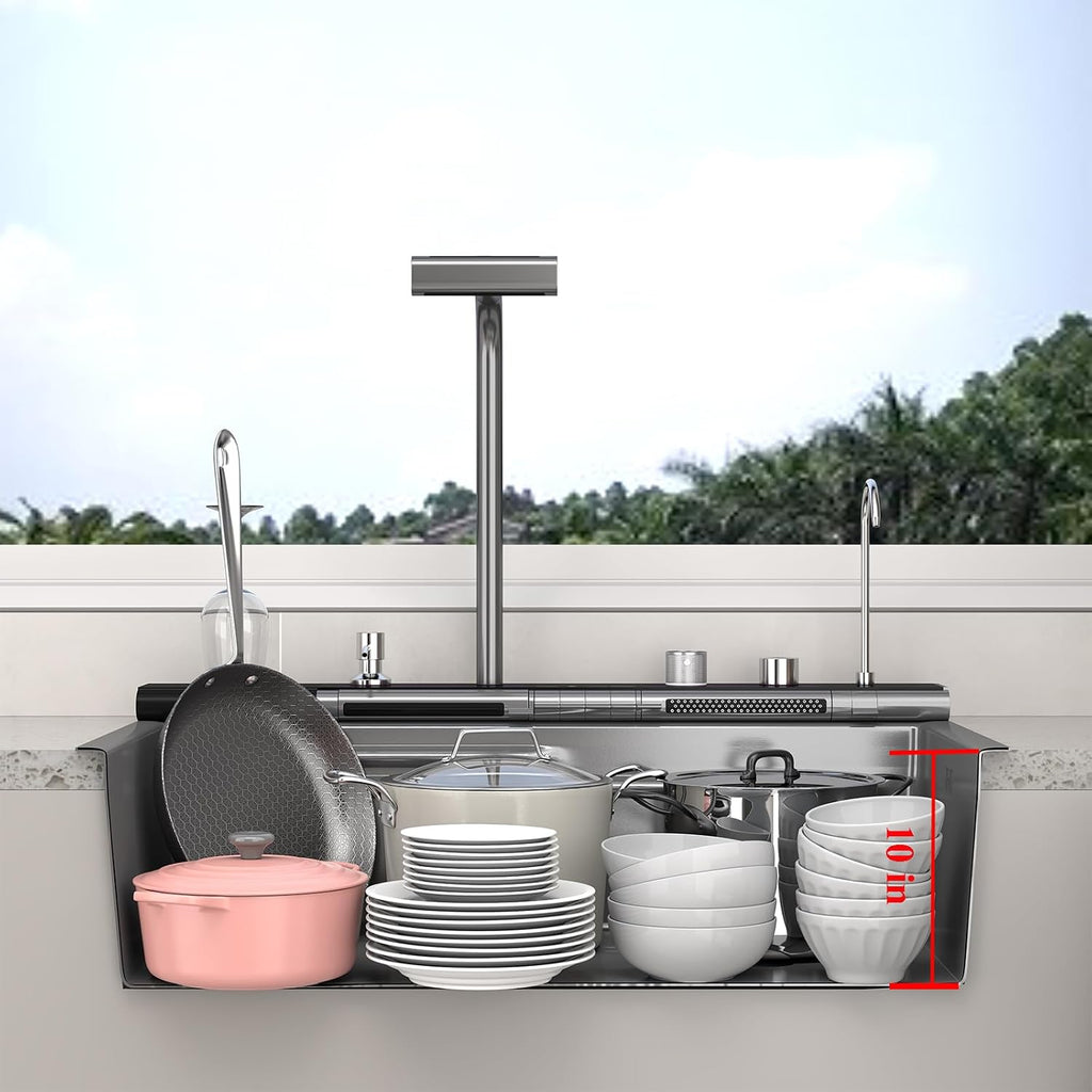 Double Waterfall Kitchen Sink 33 x 22 in 9 Gauge Stainless Steel Smart Digital Display Modern Single Bowl Workstation Sink with Soap Dispenser