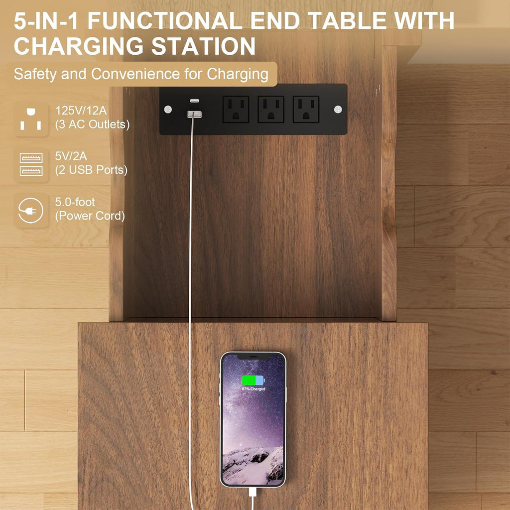 End Table with Charging Station 24'' Nightstand with Charging Station Vintage Side Table with Storage Wooden Sofa Side Table and Outlets Bedside Table for Living Room Office Bedroom (Brown)