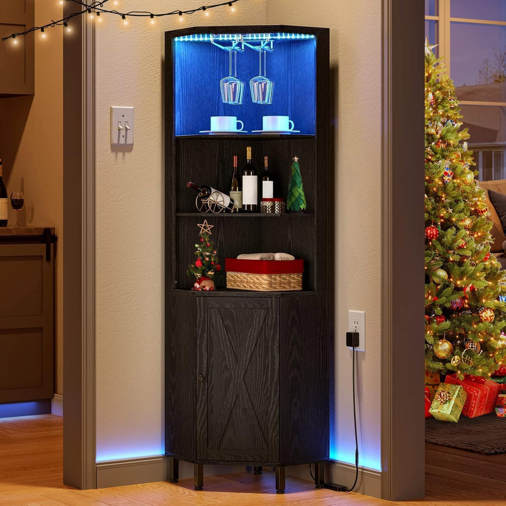 YITAHOME Corner Bar Cabinet with LED Lights & Glass Holder, 5 Tier Corner Shelf with Storage, Wine Rack Cabinet Display Shelves for Living Room, Dining Room, Kitchen, Black