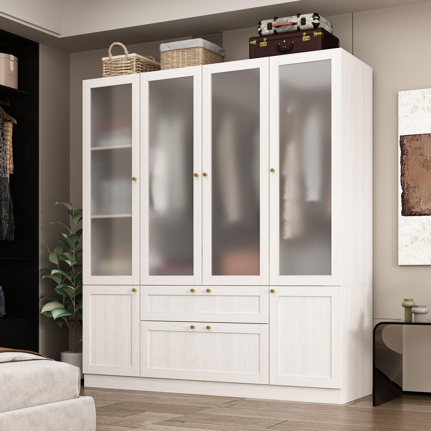 MOUMON Bedroom Armoires with Frosted Glass Doors and Hanging Rod, Wide Modern Wardrobe with Drawers, Large Armoire Wardrobe Closet, Wood Grain 63' W x 19.7' D x 70.9' H