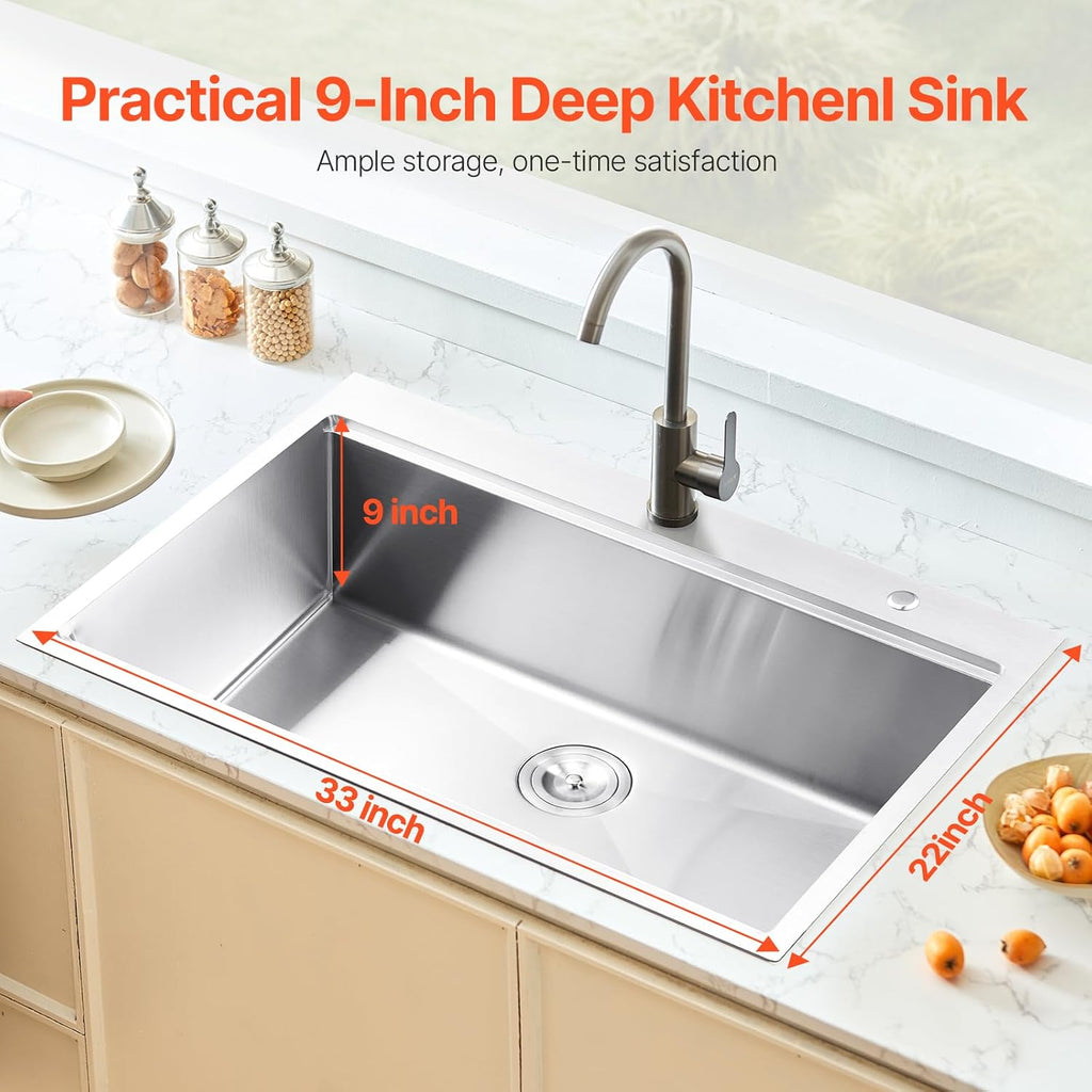 VEVOR Drop In Kitchen Sink 33 Inch Kitchen Sink Workstation, 304 Stainless Steel Top Mount Sinks, Drop-In Single Bowl with Ledge & Multiple Accessories Sink for RV, Prep Kitchen, Bar 33 x 22 x 9inch