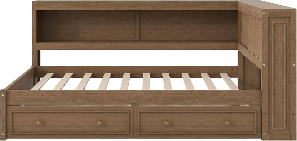 Merax Full Size Daybed Frame with 2 Drawers for Kids, Daybed Full Size with Storage Shelves and Headboard, Wood Corner Bed with USB Ports and LED for Living Room, Antique Wood