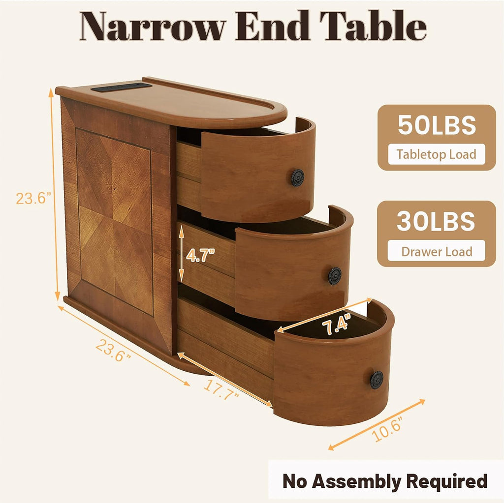 Wood Narrow End Table with Charging Station, 3-Drawer Tall Side Table Slim Sofa Chair Couch Accent Tables for Small Spaces,Living Room, Bedroom, Fully Assembled, Brown